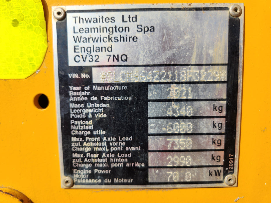 THWAITES 2021 6T ARTICULATED SWIVEL SITE DUMPER (DU213) WITH 865 HRS