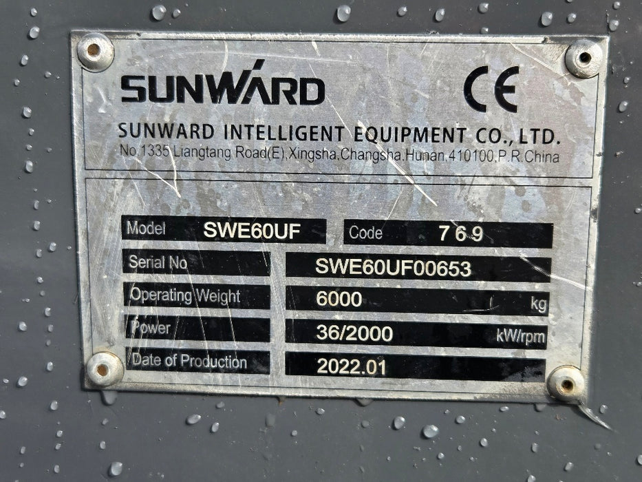 2022 SUNWARD SWE60UF 6T EXCAVATOR WITH A/C CAB, HITCH BUCKETS, 638 HRS