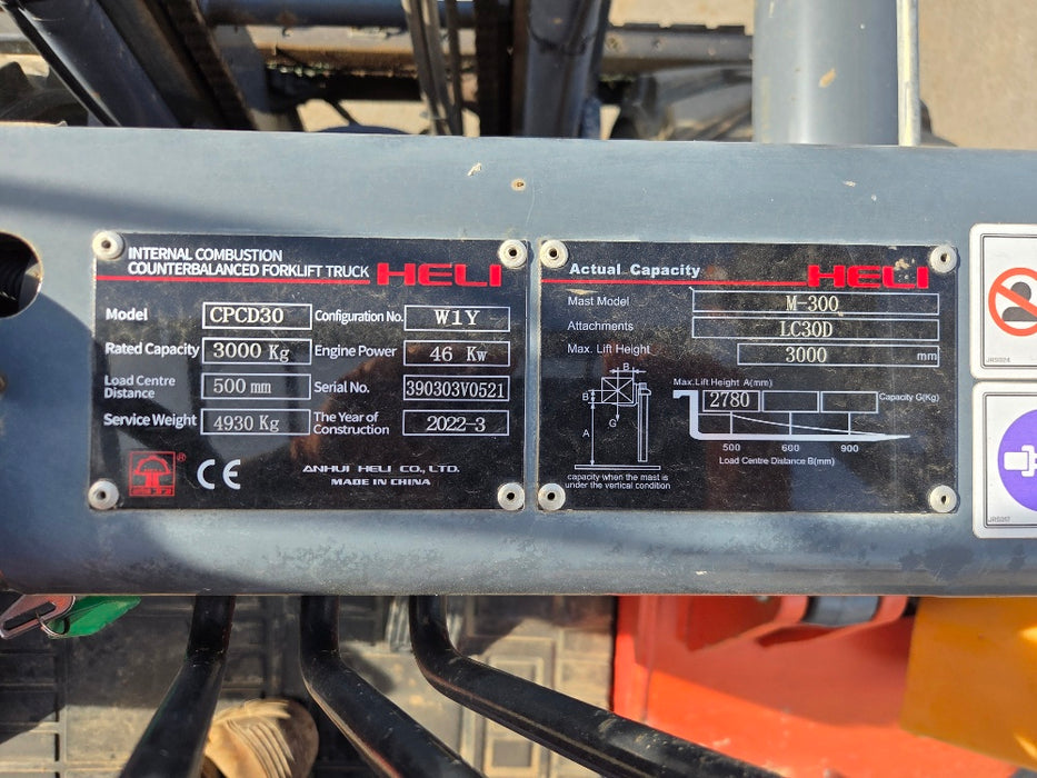 2022 HELI 3T ALL TERRAIN DIESEL FORKLIFT (FL129) WITH 885 HOURS