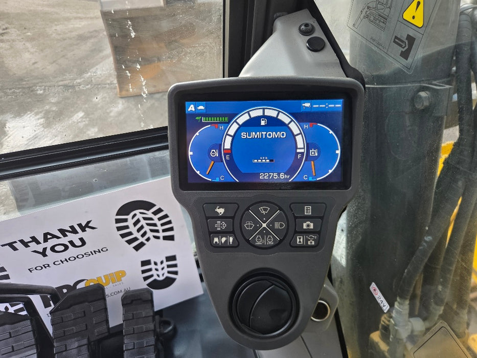 Front three-quarter view of 2019 Sumitomo SH145X-6 15T excavator with hydraulic hitch