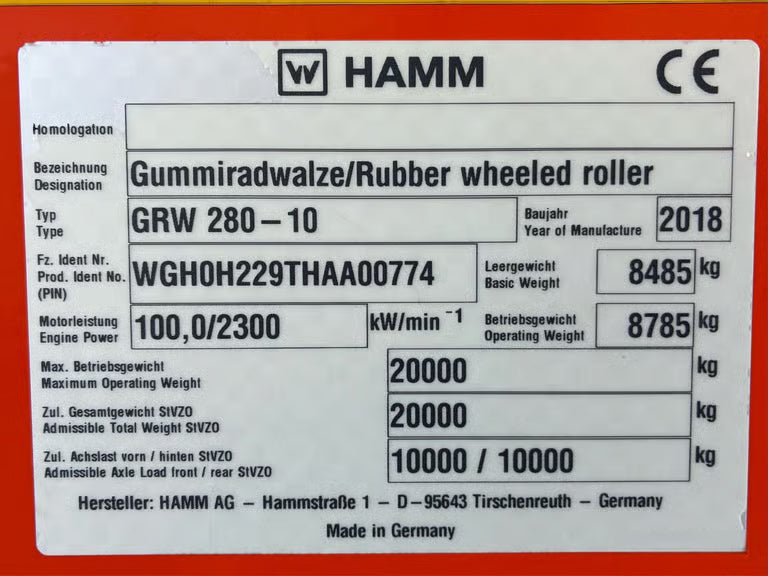 2018 HAMM GRW 280-10 10T MULTIWHEEL ROLLER WITH 100 HOURS