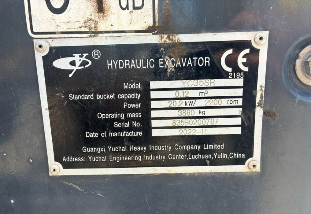 2022 YUCHAI YC35SR 3.8T EXCAVATOR WITH TILT HITCH, BUCKETS, A/C CAB, 785 HOURS