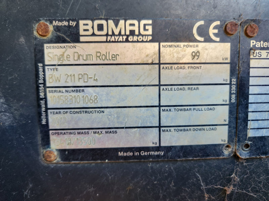 2012 BOMAG BW211PD-4 12T PADFOOT ROLLER WITH 3280 HOURS (R201)