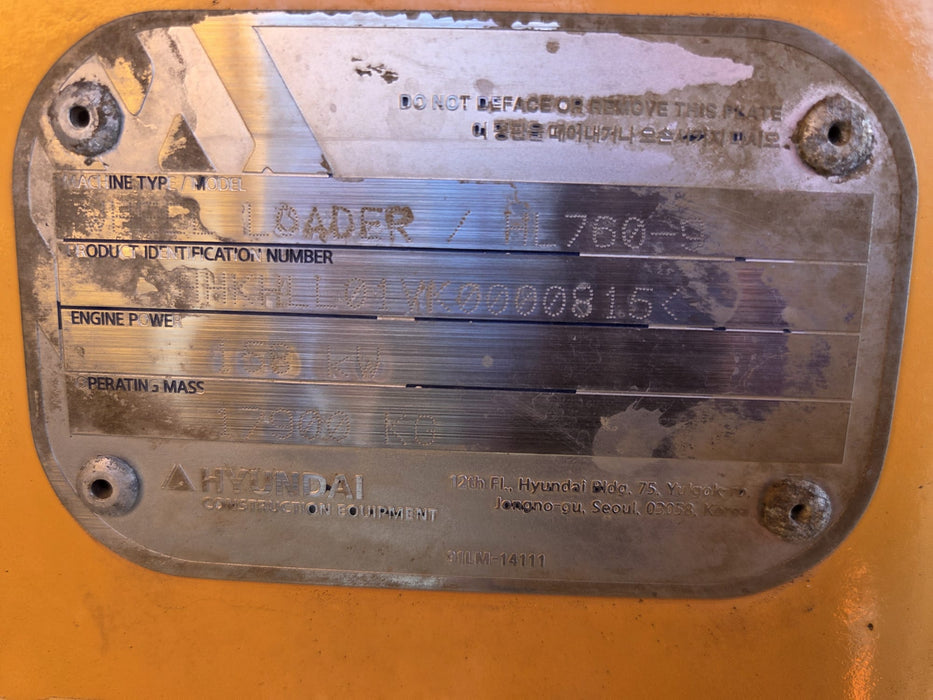 2019 HYUNDAI HL760-9 18T ARTIC WHEEL LOADER (L124) WITH HITCH, 5120 HRS