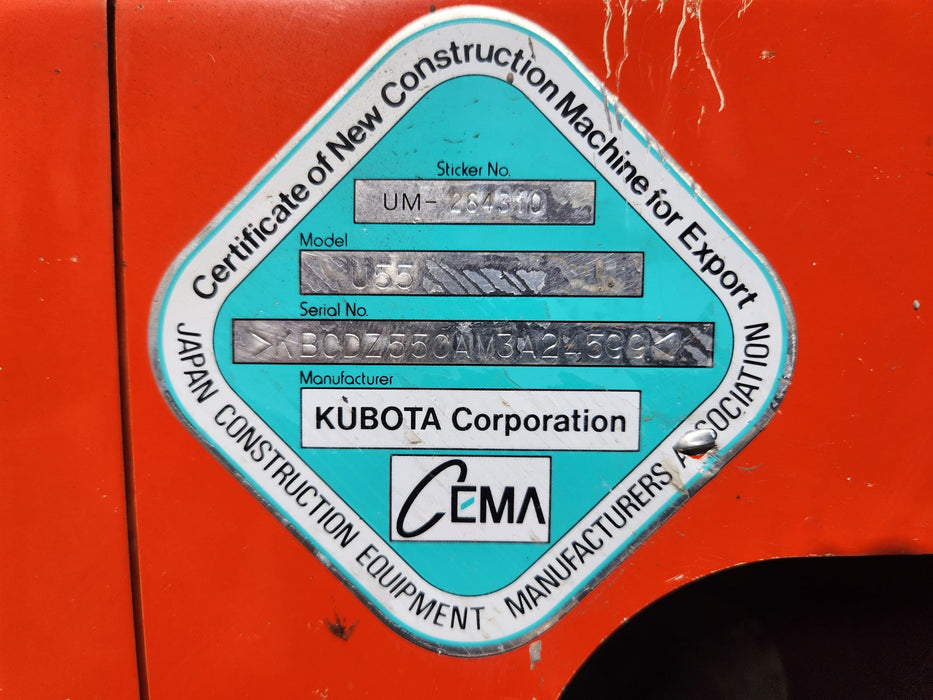 2021 KUBOTA U55-4 WITH A/C CAB, TILT HITCH, ANGLE BLADE, CIVIL SPEC AND 1200HRS