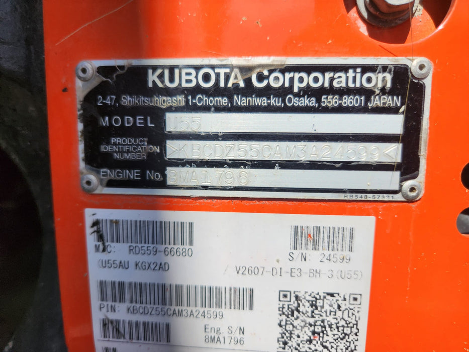 2021 KUBOTA U55-4 WITH A/C CAB, TILT HITCH, ANGLE BLADE, CIVIL SPEC AND 1200HRS