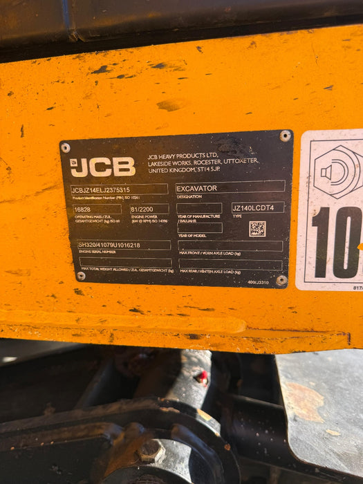 2018 JCB JZ140LC 15T EXCAVATOR WITH TILT HITCH, BUCKETS AND 3750 HRS (E268)