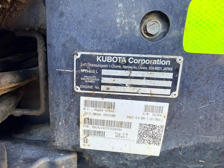 2023 KUBOTA U17-3 1.7T MINI EXCAVATOR (EX182) WITH HITCH, BUCKETS AND 912 HRS